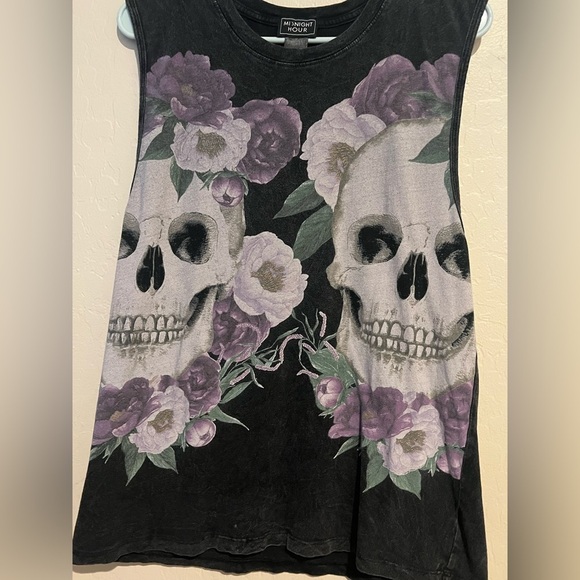 Midnight Hour Skull Floral Tank Top•Goth Grunge Sleeveless Tee•Black Purple Rose - Picture 2 of 4